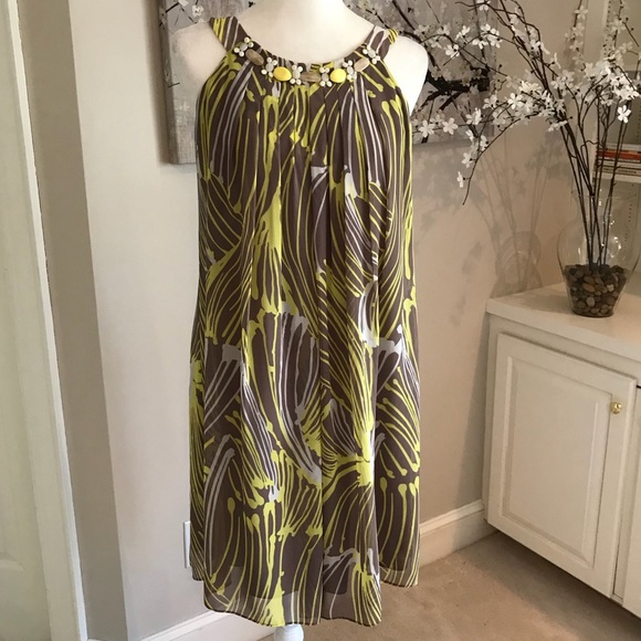 Eliza J Dresses & Skirts - Eliza J Taupe and Yellow Dress w/ Neck Detail 8